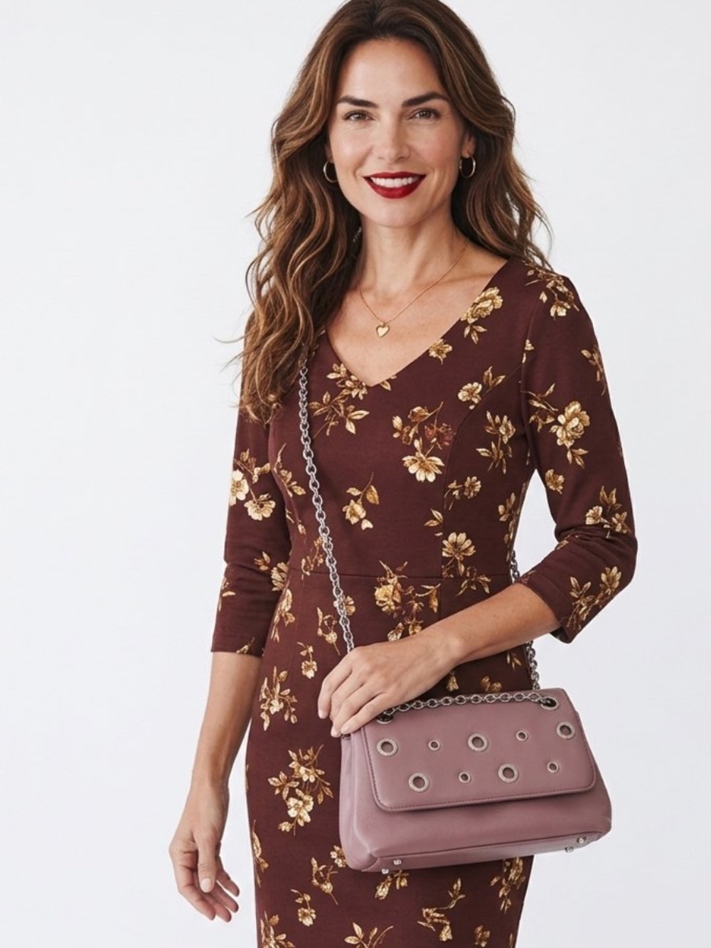 Celine Dion Falsetto Mauve Eyelet-Detail Crossbody Leather Bag with Chain Strap